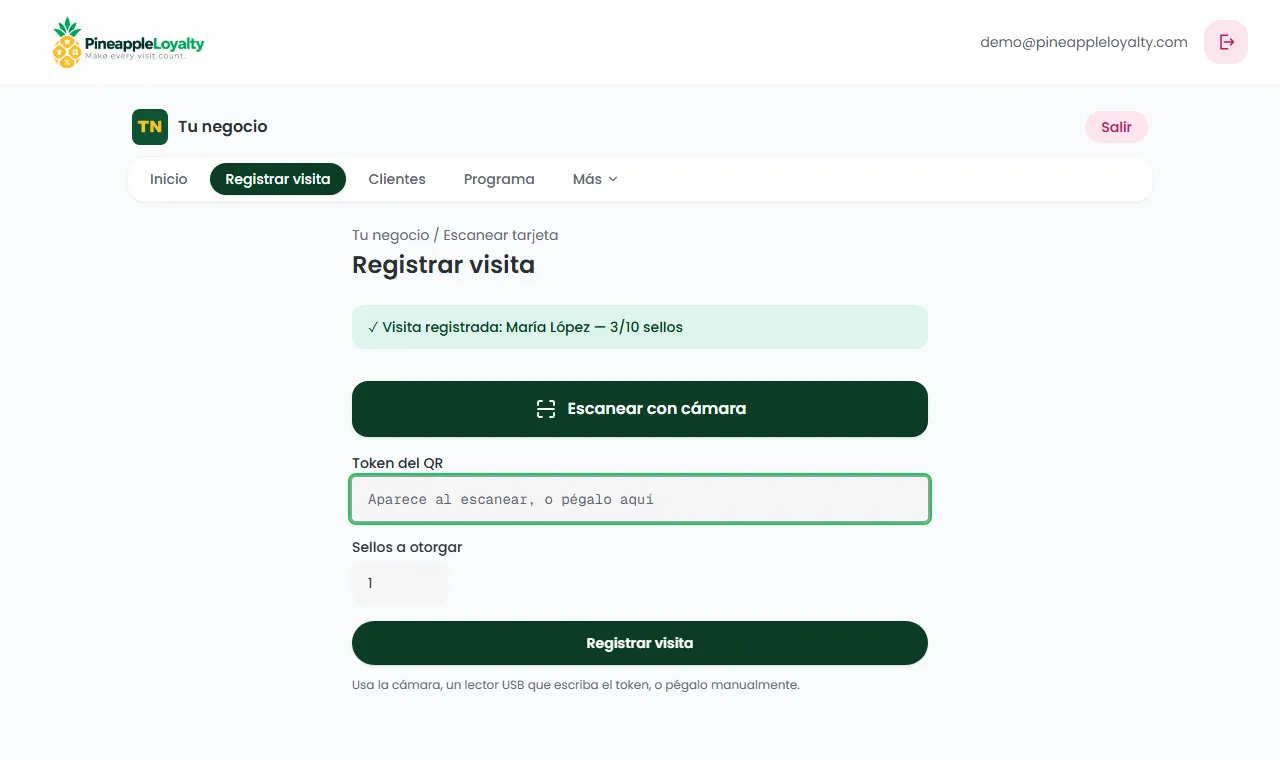 Página Registrar visita con confirmación de visita registrada