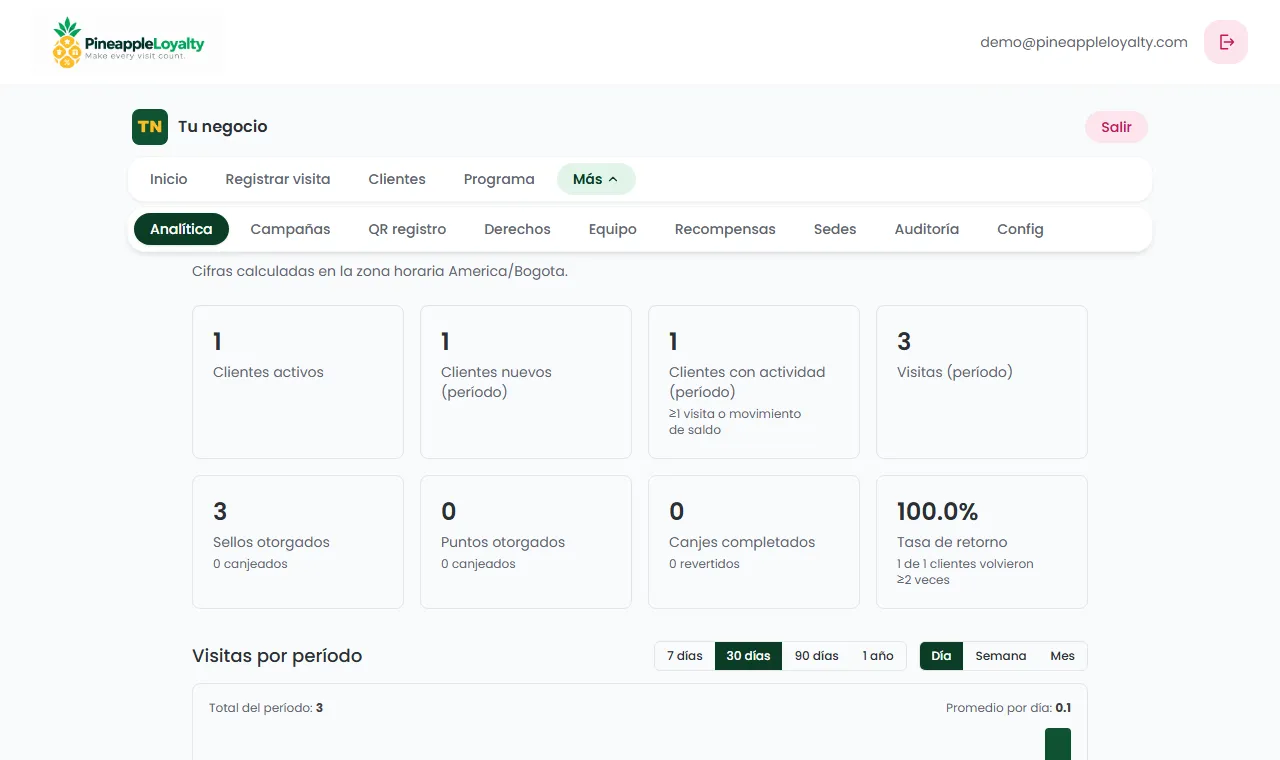 Panel de Analítica con tarjetas de métricas y gráfico de visitas