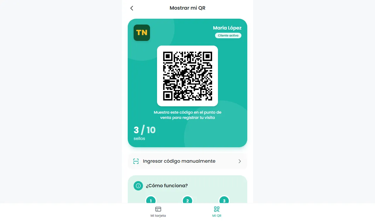 Pantalla Mi QR del cliente con su código personal