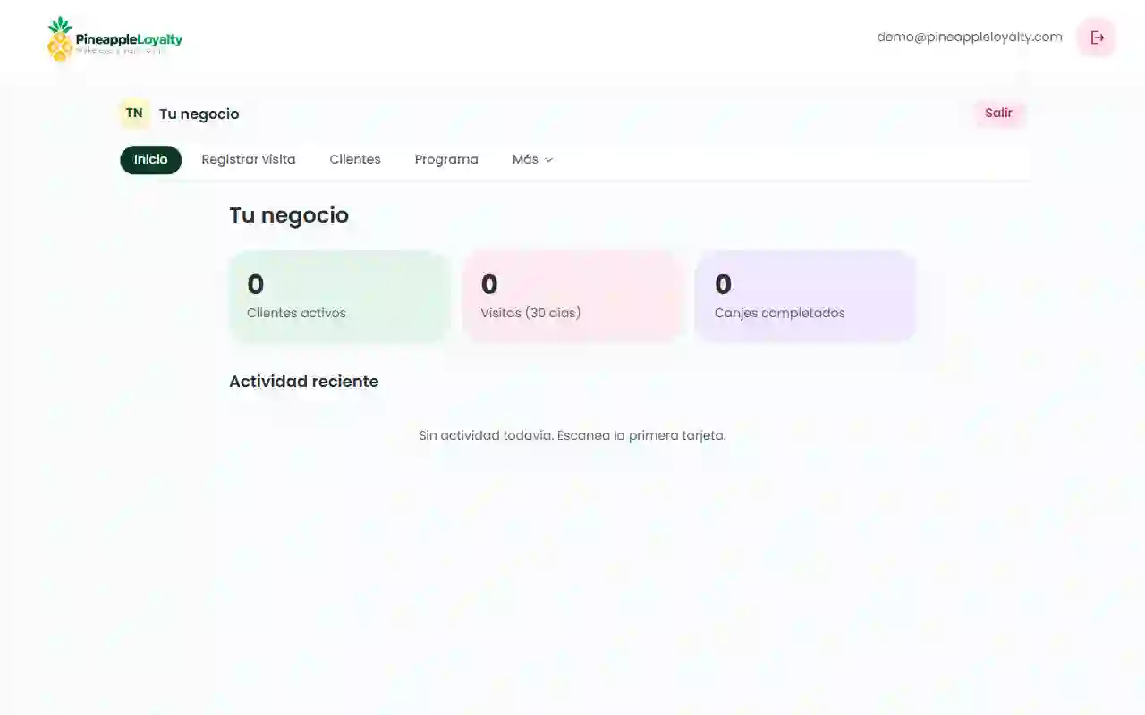 Panel principal de PineappleLoyalty para el negocio de ejemplo