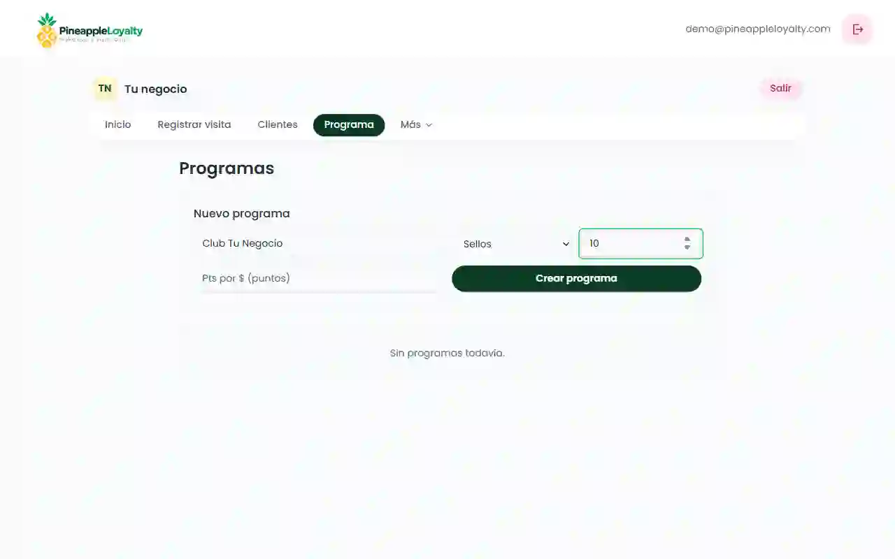 Formulario de nuevo programa con nombre, tipo y meta de sellos