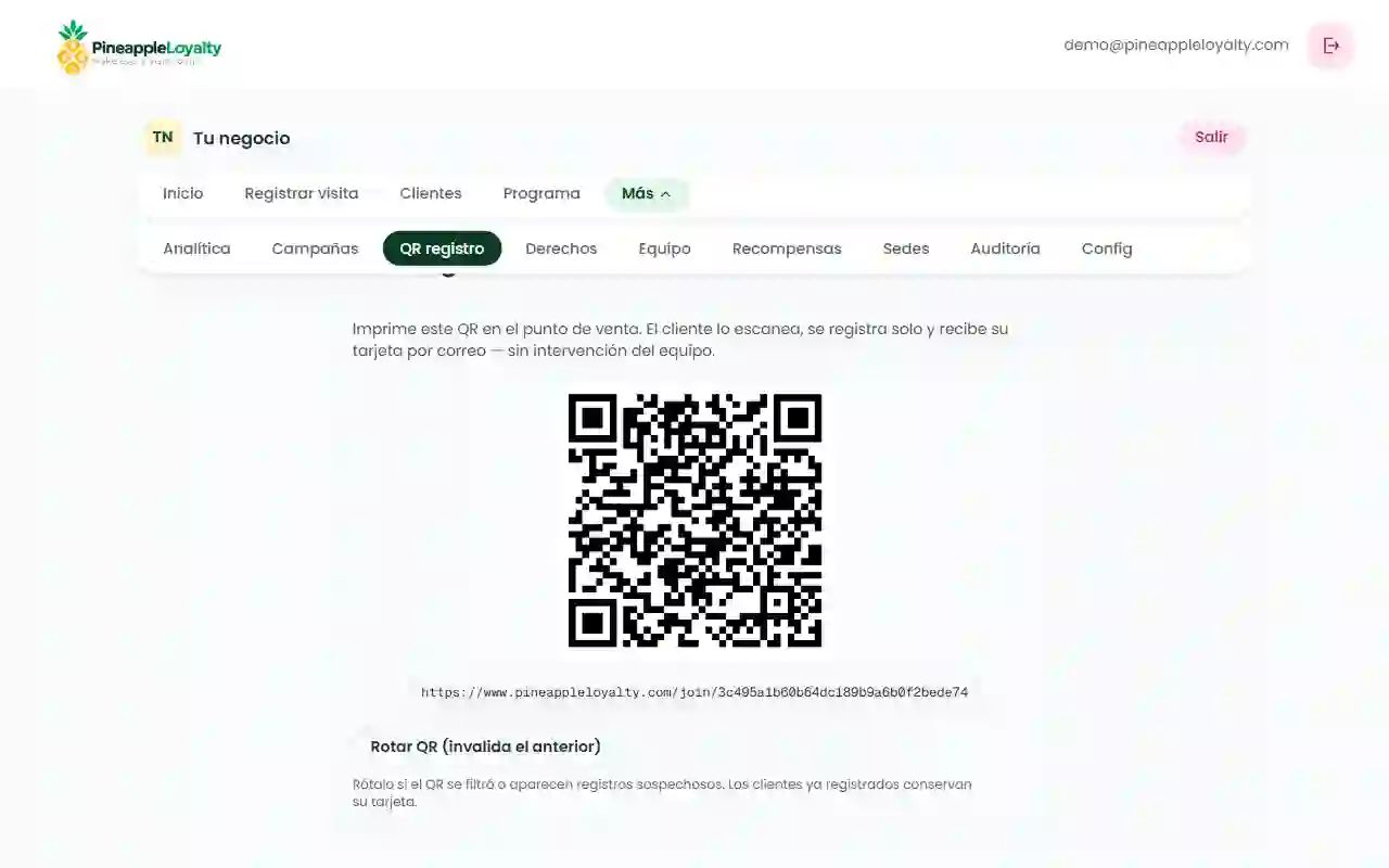 Página del código QR de registro de clientes