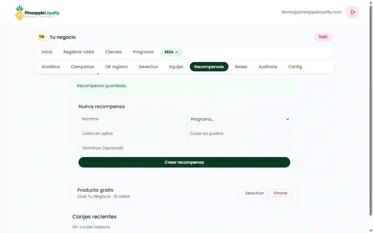 Formulario de nueva recompensa y lista con la recompensa creada