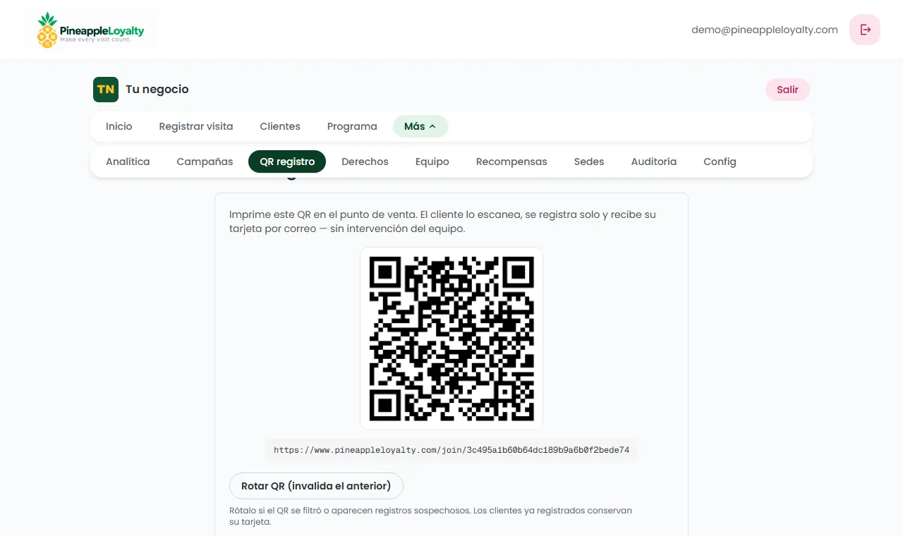 Página QR registro con el código del negocio y su enlace