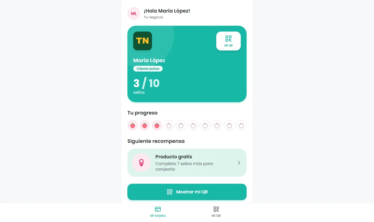 Tarjeta digital del cliente con logo del negocio y contador de sellos